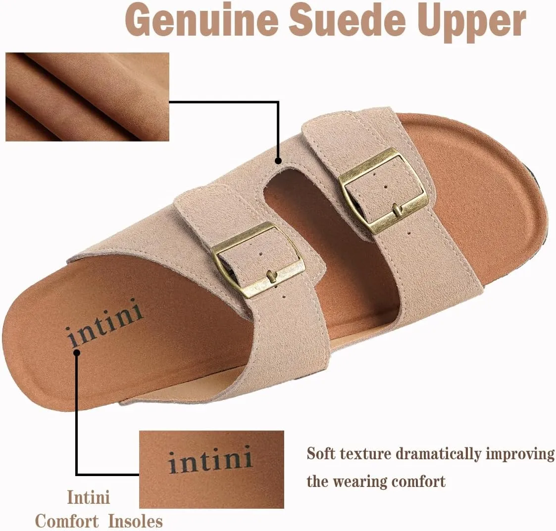Intini Womens Mens Cork Footbed Slide Sandals Suede Leather Flat Sandals Arch Support Slip on Summer Open Toe Outdoor Slippers with Adjustable Buckle