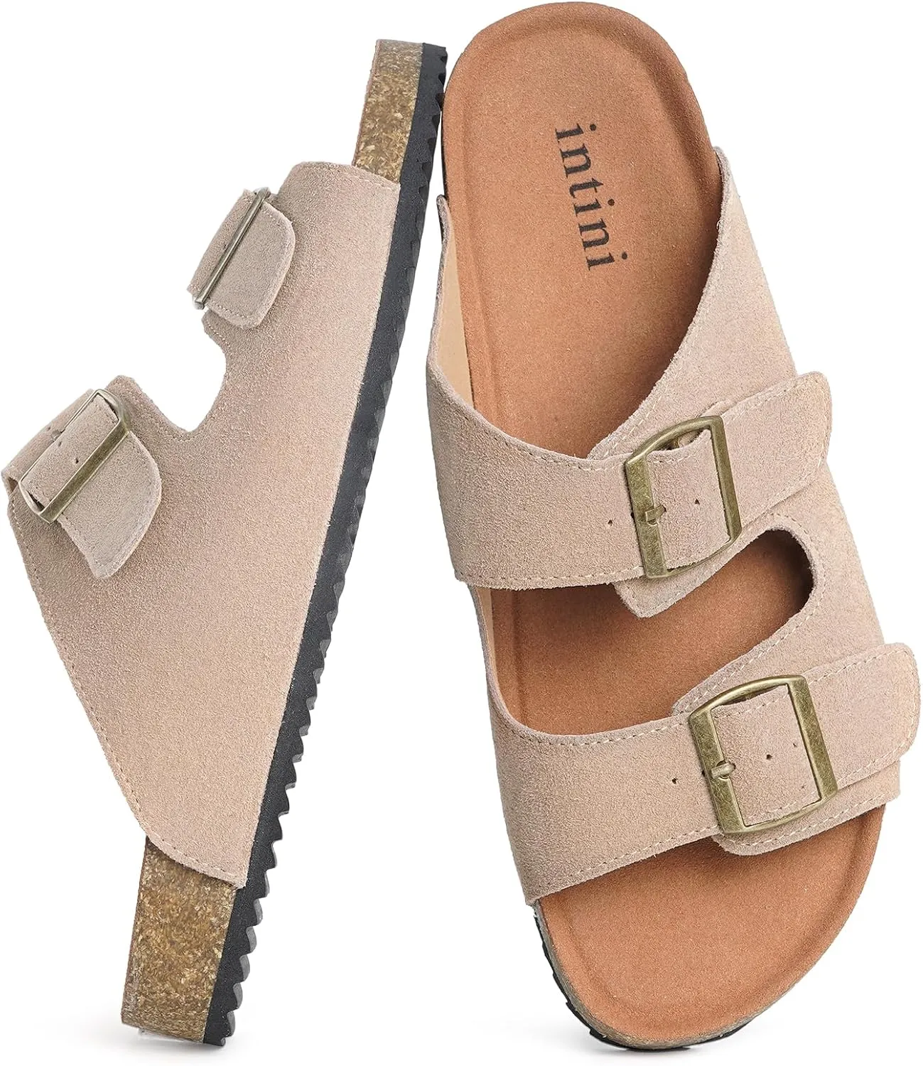 Intini Womens Mens Cork Footbed Slide Sandals Suede Leather Flat Sandals Arch Support Slip on Summer Open Toe Outdoor Slippers with Adjustable Buckle