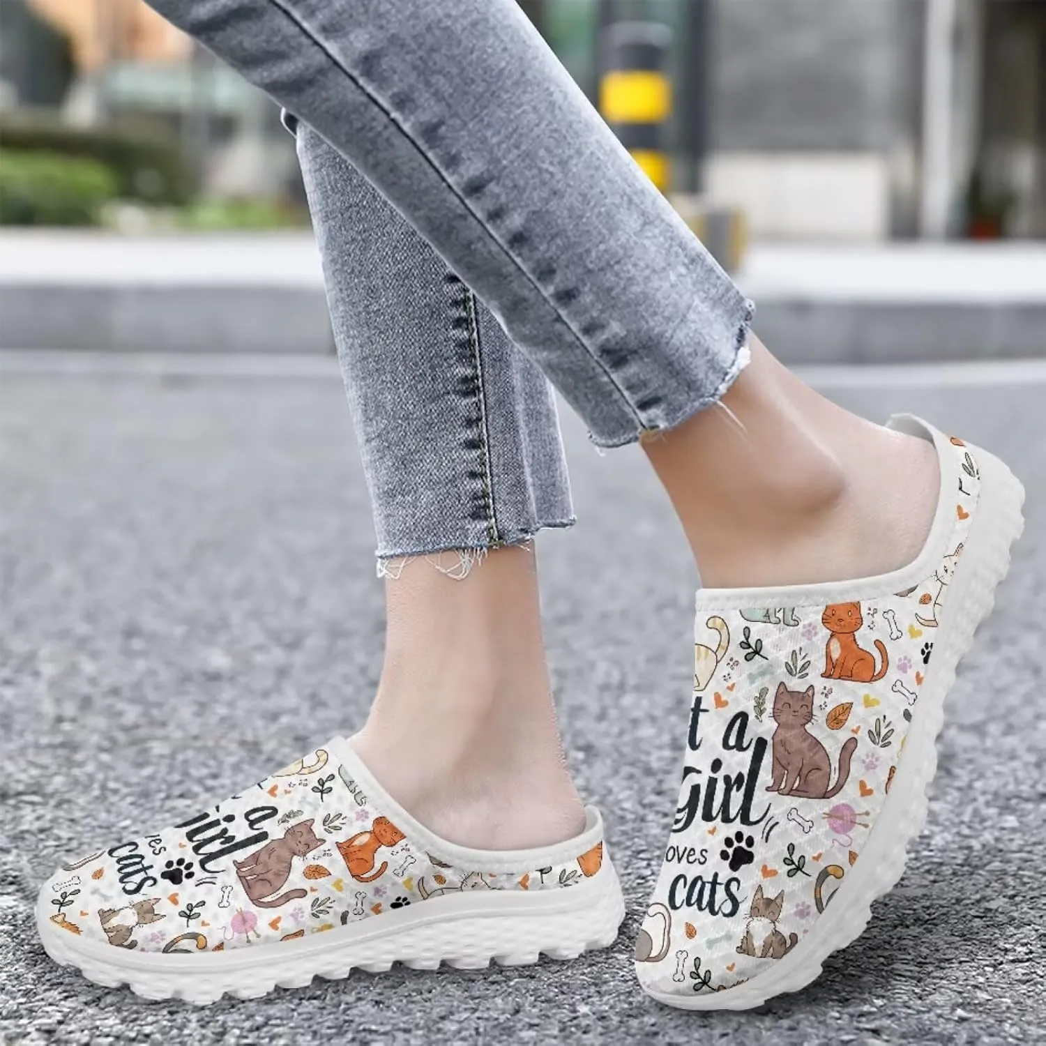 Jeiento Womens Slip On Mules Shoes Cute Cat Shoes Mesh Breathable Walking Sneakers Backless Fashion Sneakers