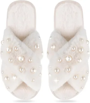 Jiuguva Bride Slippers for Wedding Pearl Bride Slippers for Women Valentine Fuzzy Bridesmaid for Bachelorette