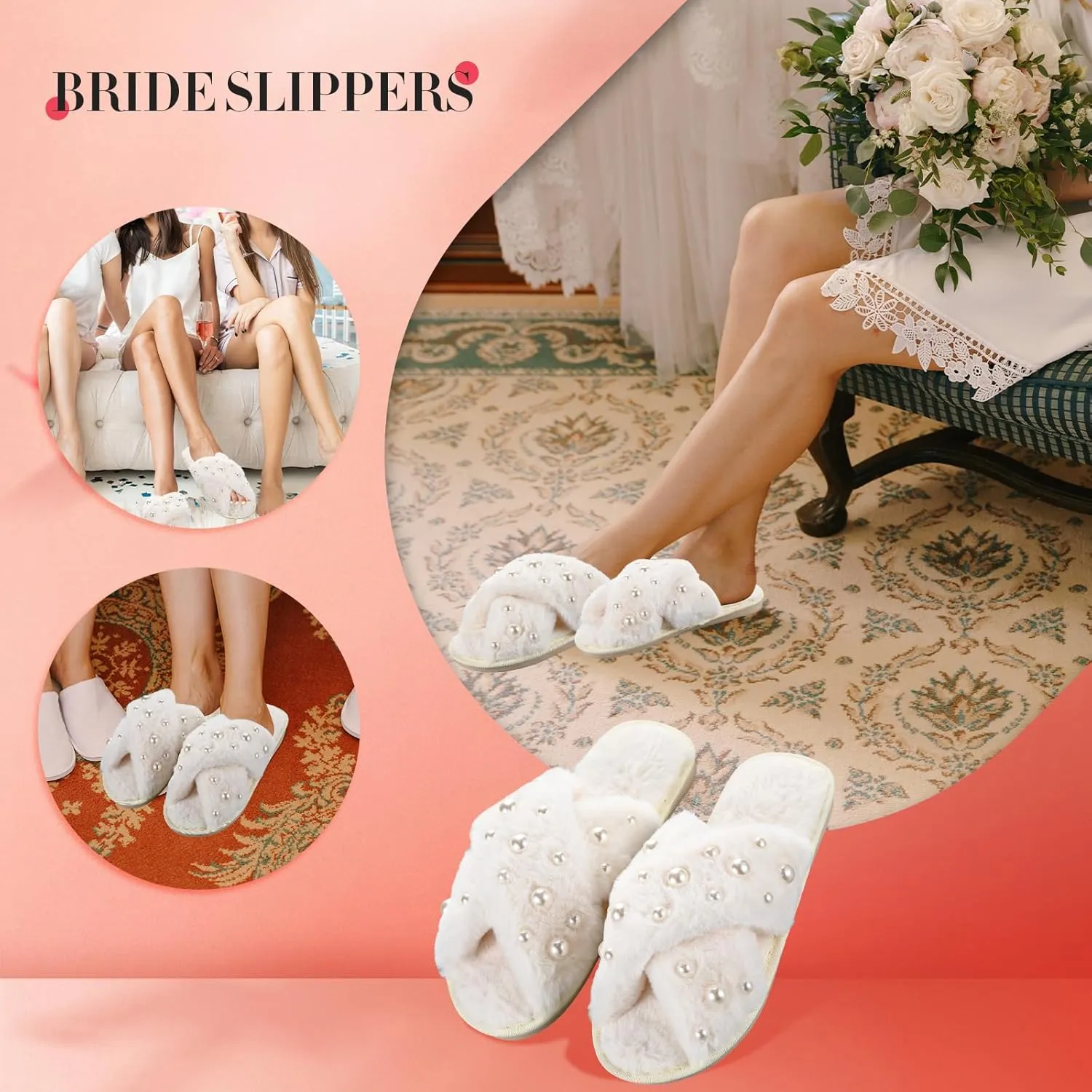 Jiuguva Bride Slippers for Wedding Pearl Bride Slippers for Women Valentine Fuzzy Bridesmaid for Bachelorette