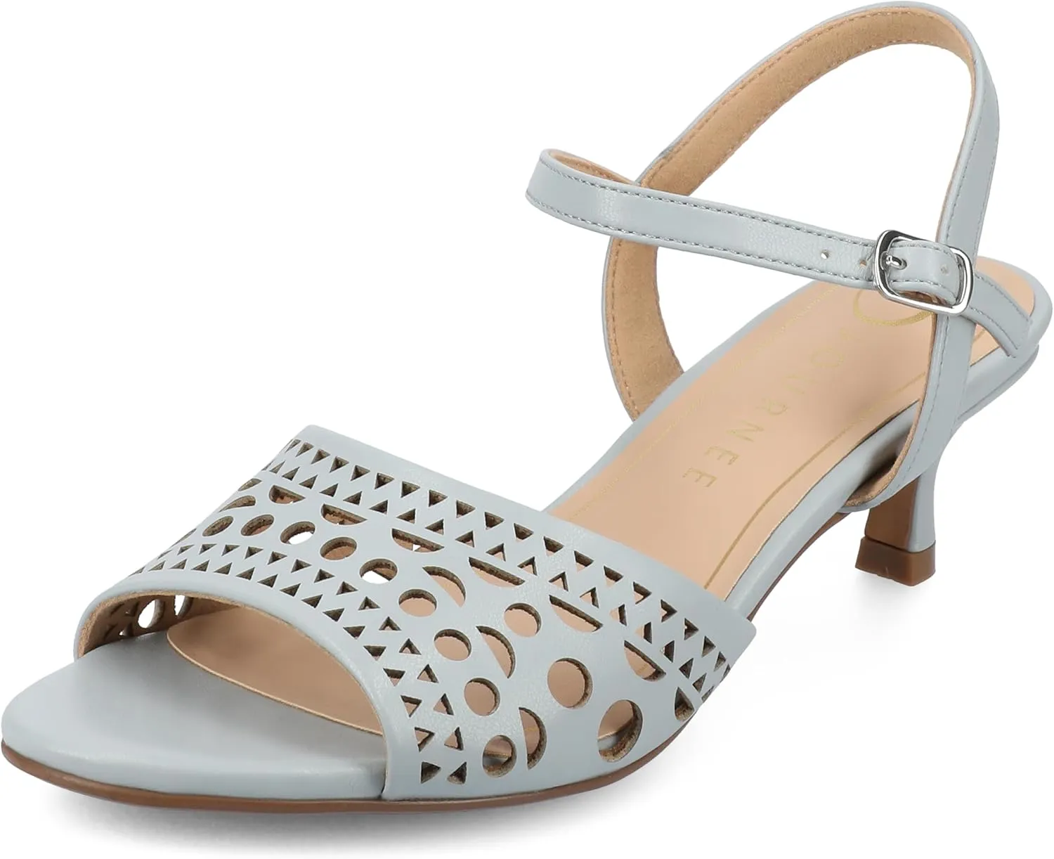 Journee Womens cushioned footbed Jemry Kitten Heel Faux Leather Open Toe Ankle Buckle Laser Cutout 2-3 Inch Heel