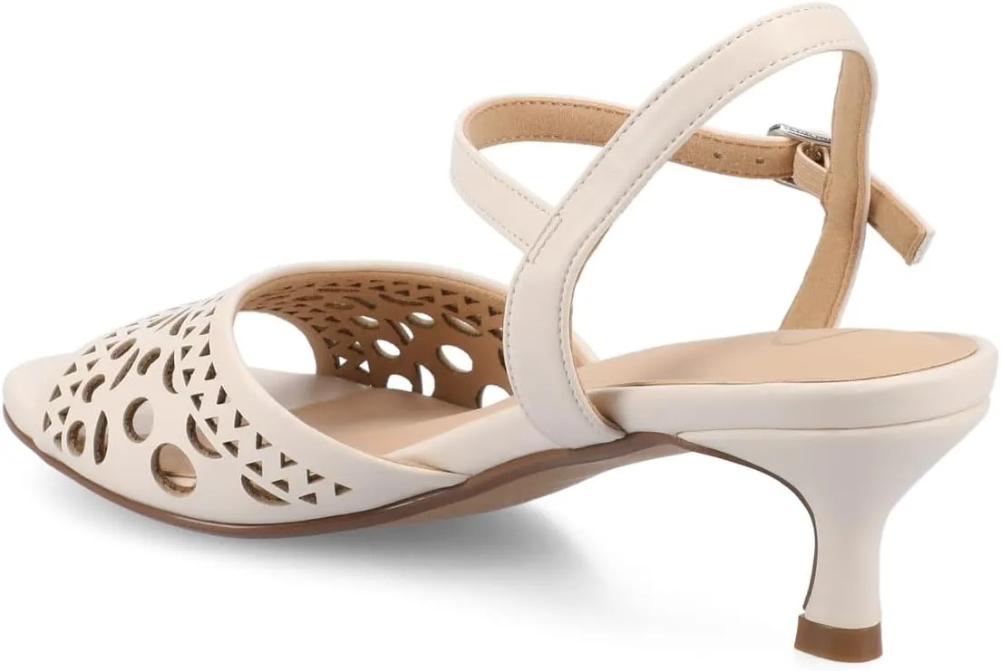 Journee Womens cushioned footbed Jemry Kitten Heel Faux Leather Open Toe Ankle Buckle Laser Cutout 2-3 Inch Heel
