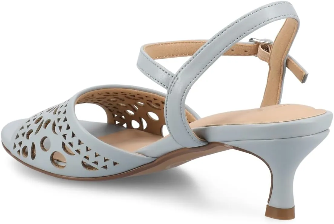 Journee Womens cushioned footbed Jemry Kitten Heel Faux Leather Open Toe Ankle Buckle Laser Cutout 2-3 Inch Heel
