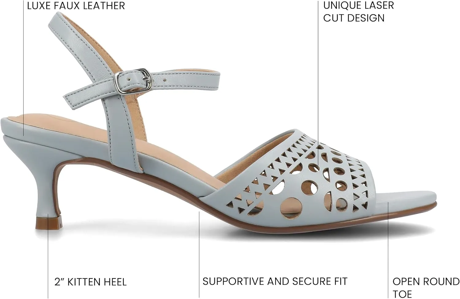 Journee Womens cushioned footbed Jemry Kitten Heel Faux Leather Open Toe Ankle Buckle Laser Cutout 2-3 Inch Heel