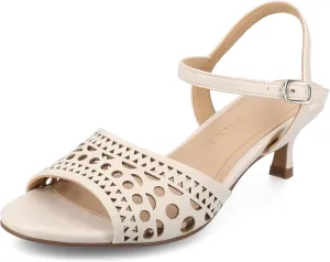 Journee Womens cushioned footbed Jemry Kitten Heel Faux Leather Open Toe Ankle Buckle Laser Cutout 2-3 Inch Heel