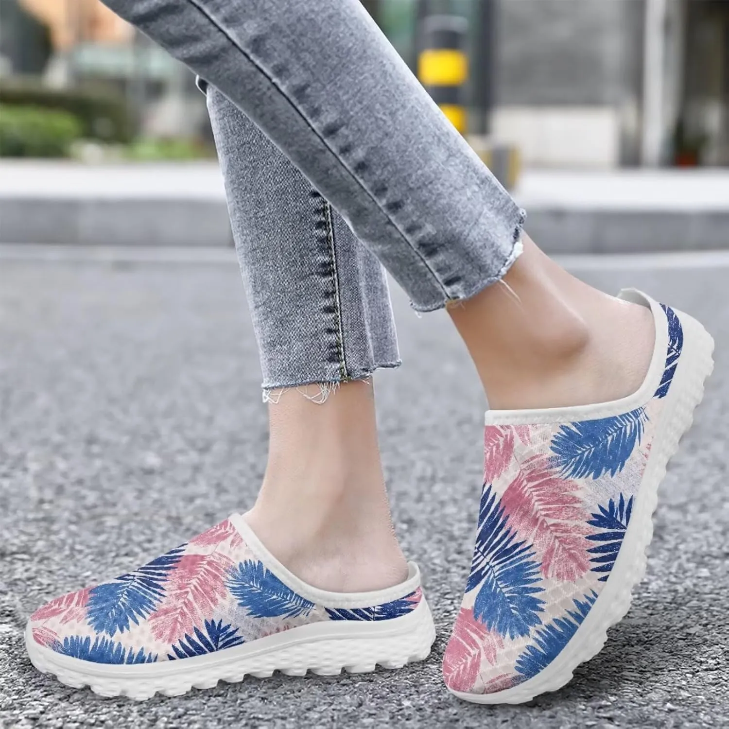 JoyLamoria Flower Pattern House Womens Shoes Mule Breathable Walking Mesh Clog Sneakers Casual
