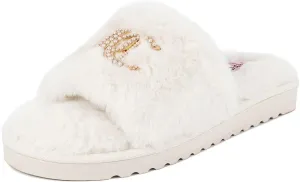 Juicy Couture Women's Faux Fur Slide Sandal Slippers, Open Toe, Comfortable Indoor Outdoor House Shoes