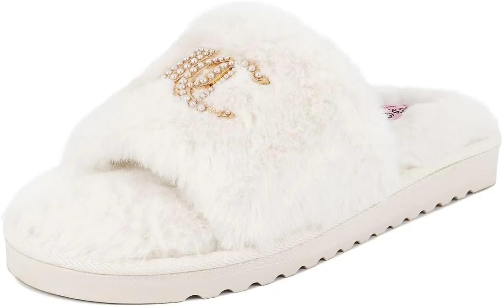 Juicy Couture Women's Faux Fur Slide Sandal Slippers, Open Toe, Comfortable Indoor Outdoor House Shoes