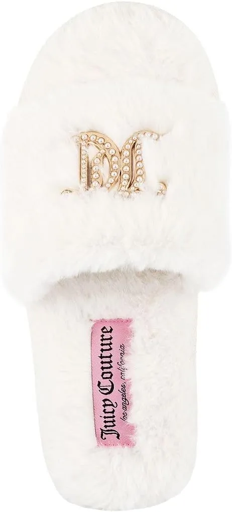 Juicy Couture Women's Faux Fur Slide Sandal Slippers, Open Toe, Comfortable Indoor Outdoor House Shoes