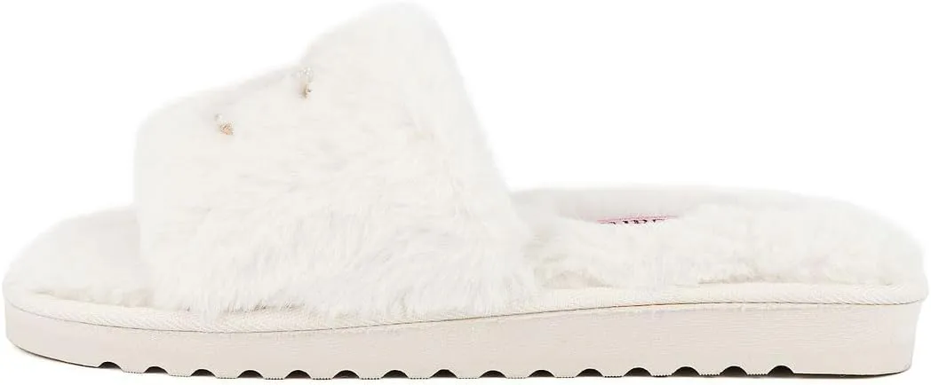 Juicy Couture Women's Faux Fur Slide Sandal Slippers, Open Toe, Comfortable Indoor Outdoor House Shoes