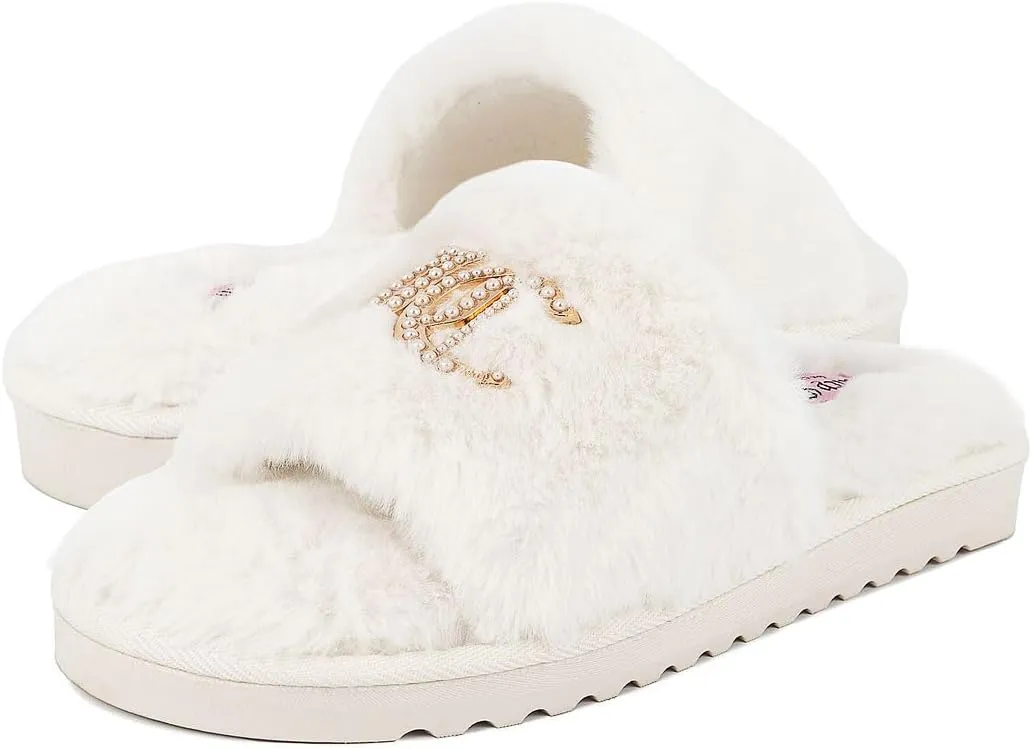 Juicy Couture Women's Faux Fur Slide Sandal Slippers, Open Toe, Comfortable Indoor Outdoor House Shoes