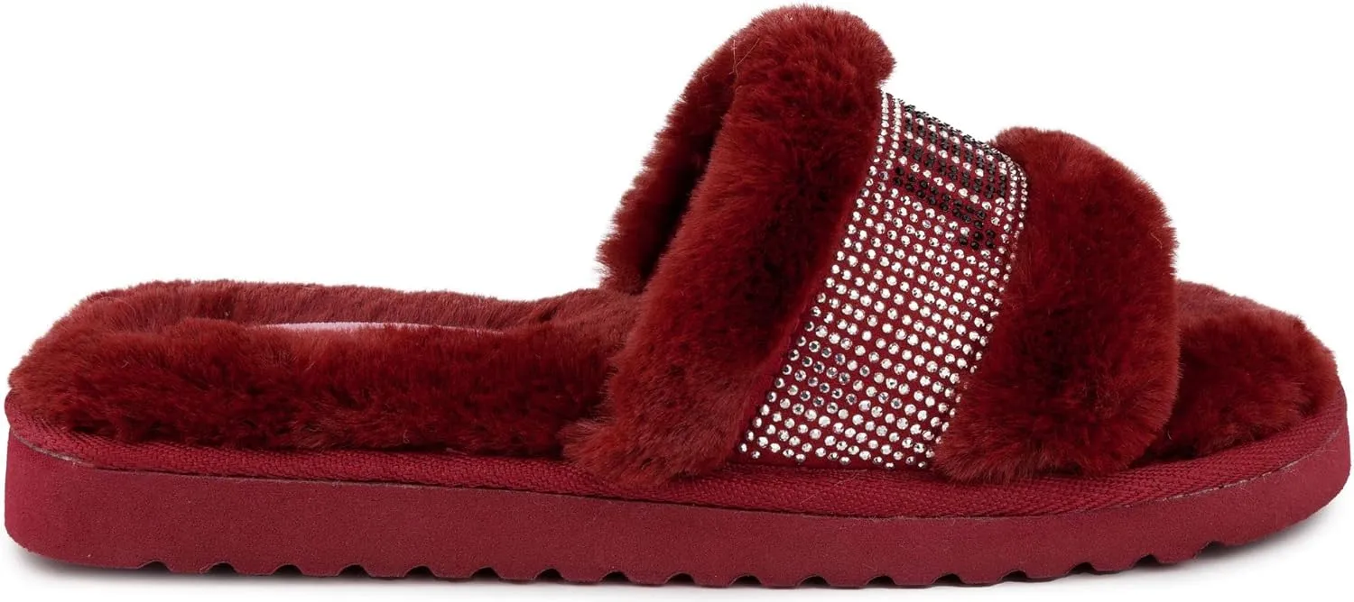 Juicy Couture Women's Luxe Faux Fur Slide Slippers with Embellished Strap, Cozy Indoor/Outdoor Fuzzy Slip-On Sandals