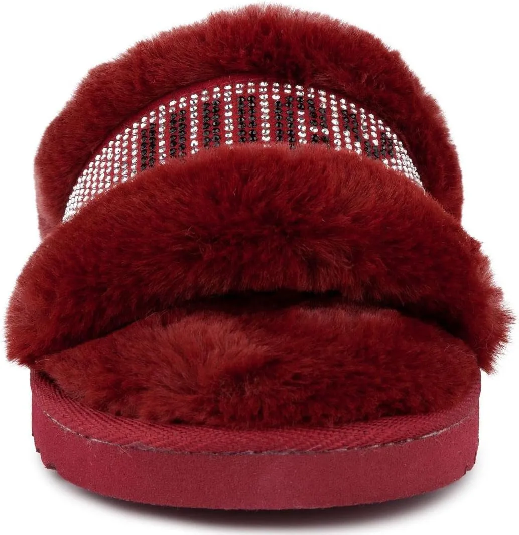 Juicy Couture Women's Luxe Faux Fur Slide Slippers with Embellished Strap, Cozy Indoor/Outdoor Fuzzy Slip-On Sandals