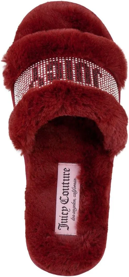 Juicy Couture Women's Luxe Faux Fur Slide Slippers with Embellished Strap, Cozy Indoor/Outdoor Fuzzy Slip-On Sandals