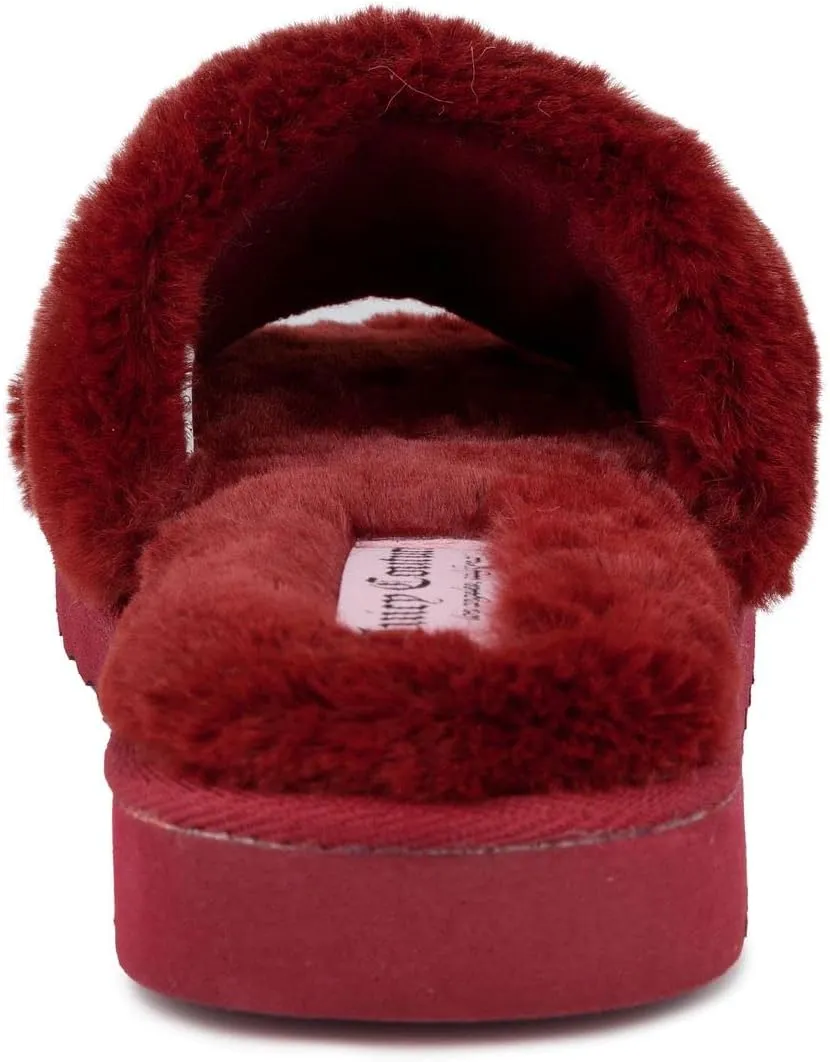 Juicy Couture Women's Luxe Faux Fur Slide Slippers with Embellished Strap, Cozy Indoor/Outdoor Fuzzy Slip-On Sandals