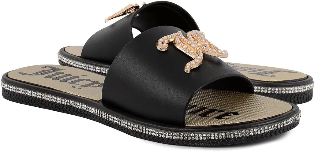 Juicy Couture Women's Slide Sandals - Glitter Bling Open Toe Sparkle Flats - Dressy Summer Casual Footwear