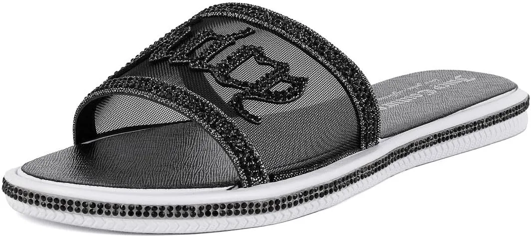 Juicy Couture Women's Slide Sandals - Glitter Bling Open Toe Sparkle Flats - Dressy Summer Casual Footwear