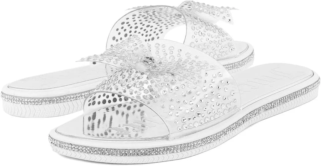 Juicy Couture Women's Slide Sandals - Glitter Bling Open Toe Sparkle Flats - Dressy Summer Casual Footwear