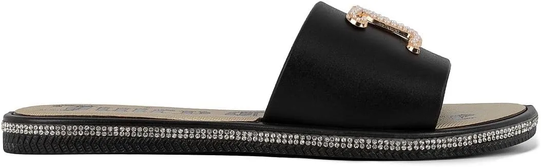 Juicy Couture Women's Slide Sandals - Glitter Bling Open Toe Sparkle Flats - Dressy Summer Casual Footwear