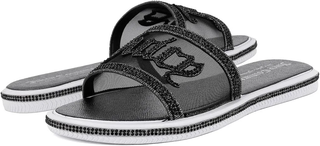 Juicy Couture Women's Slide Sandals - Glitter Bling Open Toe Sparkle Flats - Dressy Summer Casual Footwear