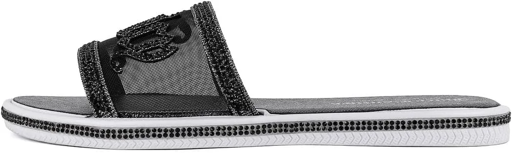 Juicy Couture Women's Slide Sandals - Glitter Bling Open Toe Sparkle Flats - Dressy Summer Casual Footwear