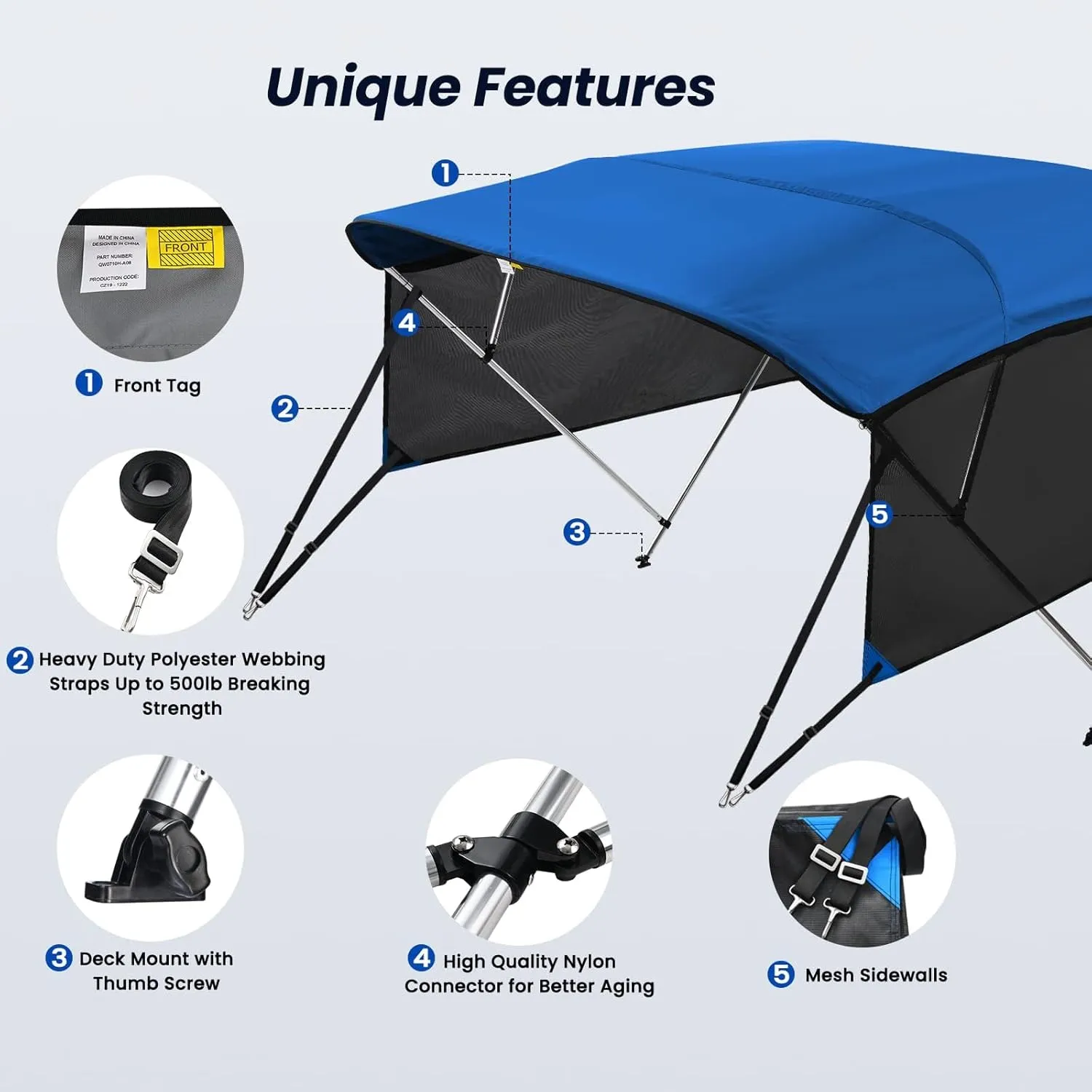 KAKIT 3 4 Bow Bimini Tops for Boats with Mesh Sides Heavy Duty Cover Adjustable 4 Straps Zippered Storage Boot