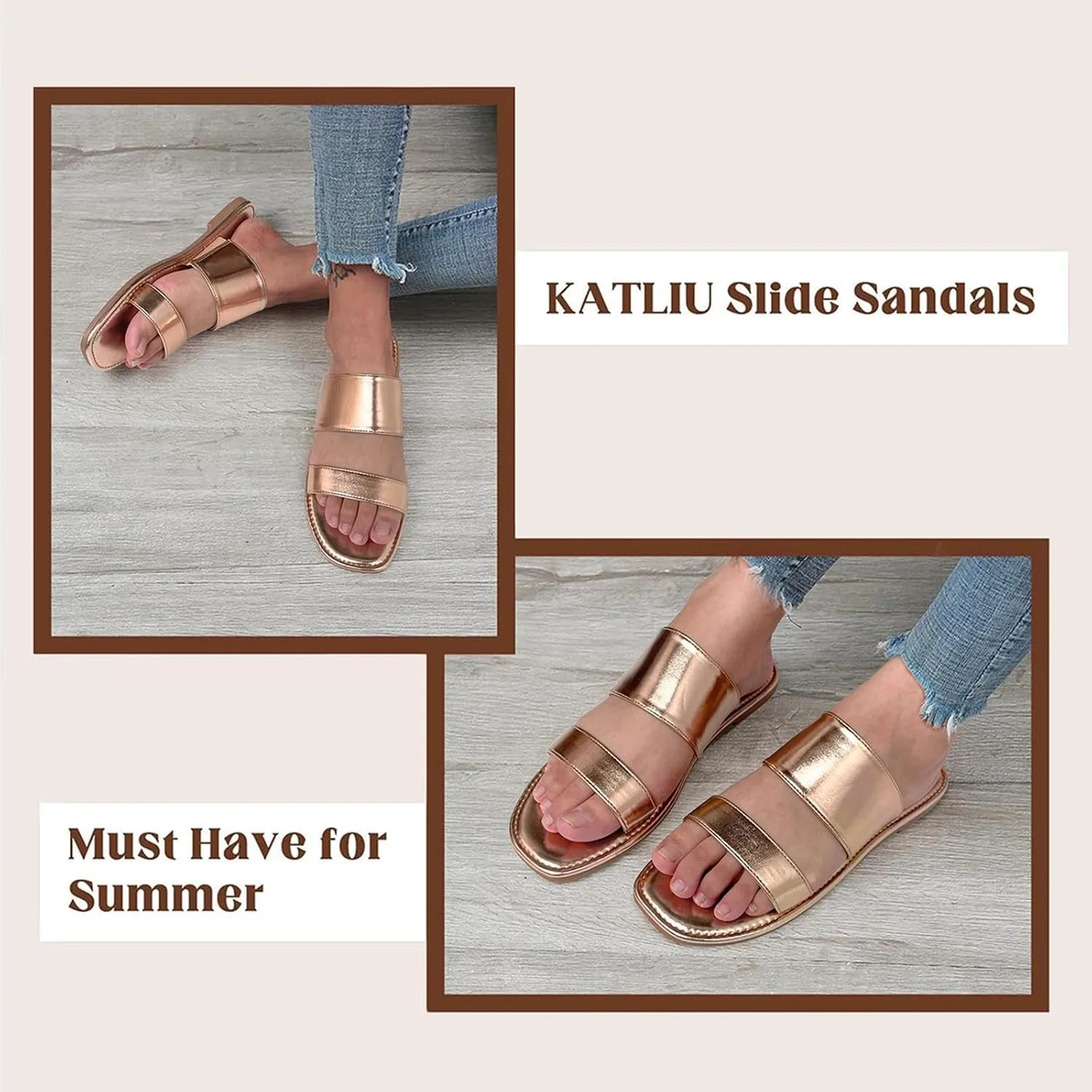 katliu Women's Flat Sandals Two Strap Slide Sandals Open Toe