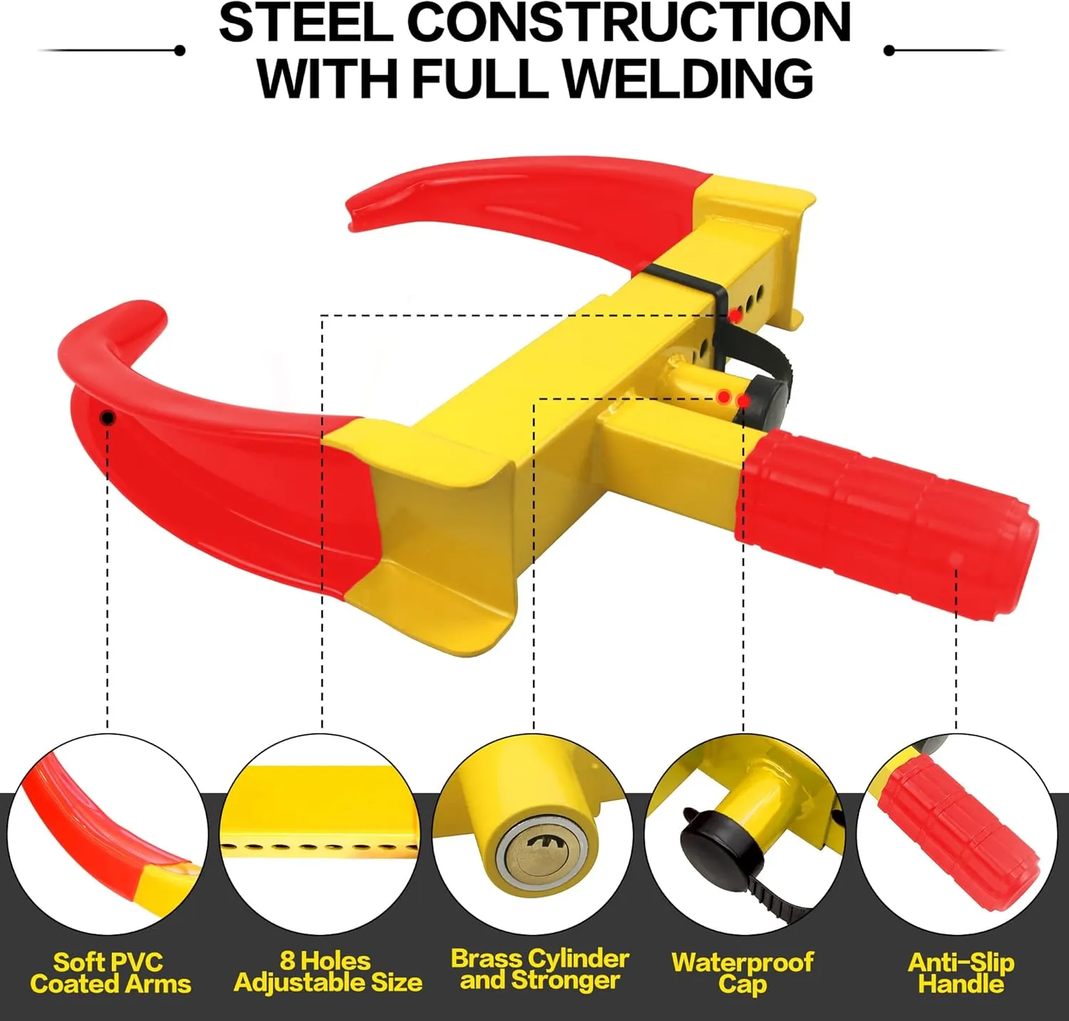 KAYCENTOP Wheel Clamp Lock Tire Lock Anti Theft Lock Fit Most Vehicles Max 11" Tire Width and 7" Reach for Trailers SUV Boats ATVs Motorcycles Golf Cart Great Deterrent Bright Yellow/Red, 3 Keys