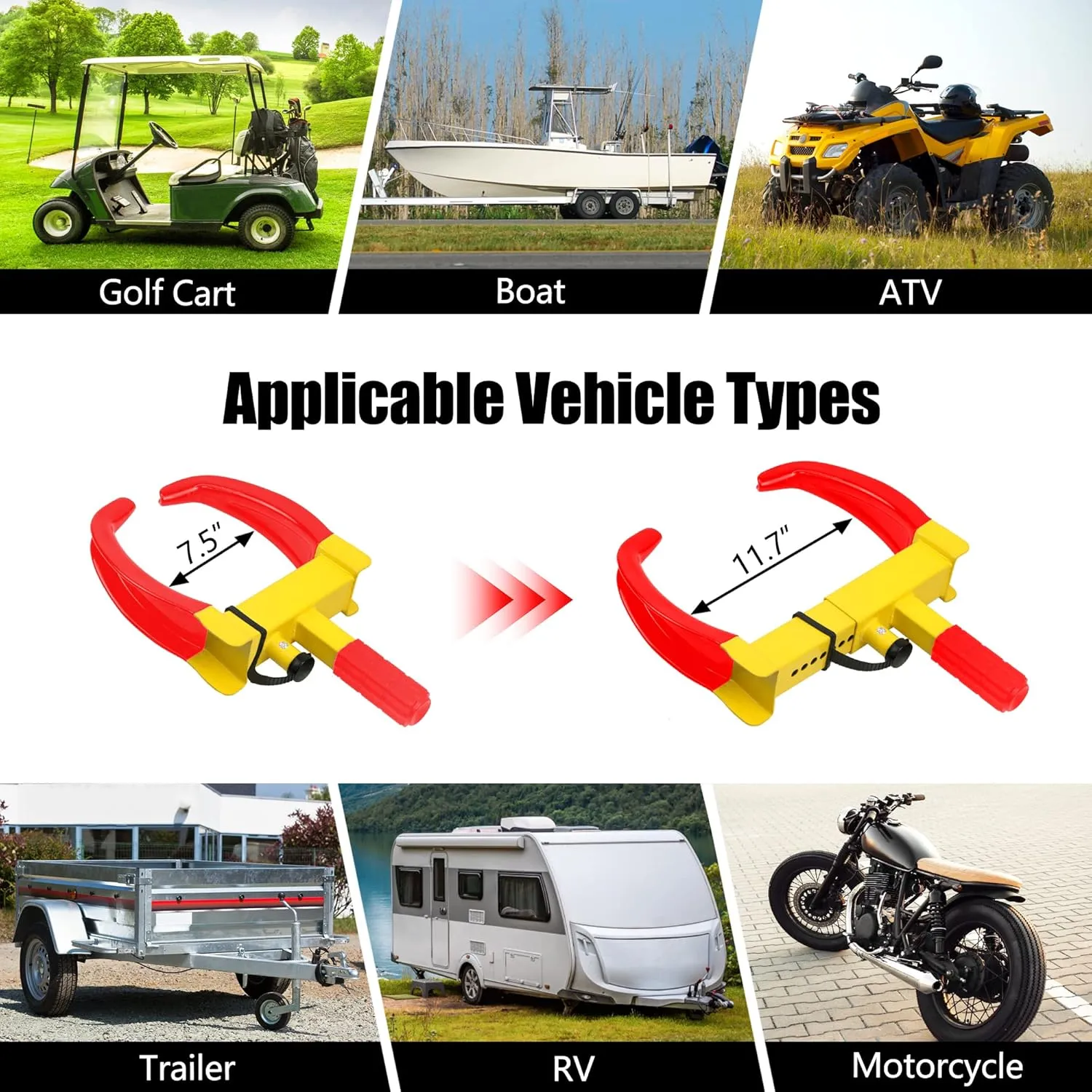 KAYCENTOP Wheel Clamp Lock Tire Lock Anti Theft Lock Fit Most Vehicles Max 11" Tire Width and 7" Reach for Trailers SUV Boats ATVs Motorcycles Golf Cart Great Deterrent Bright Yellow/Red, 3 Keys