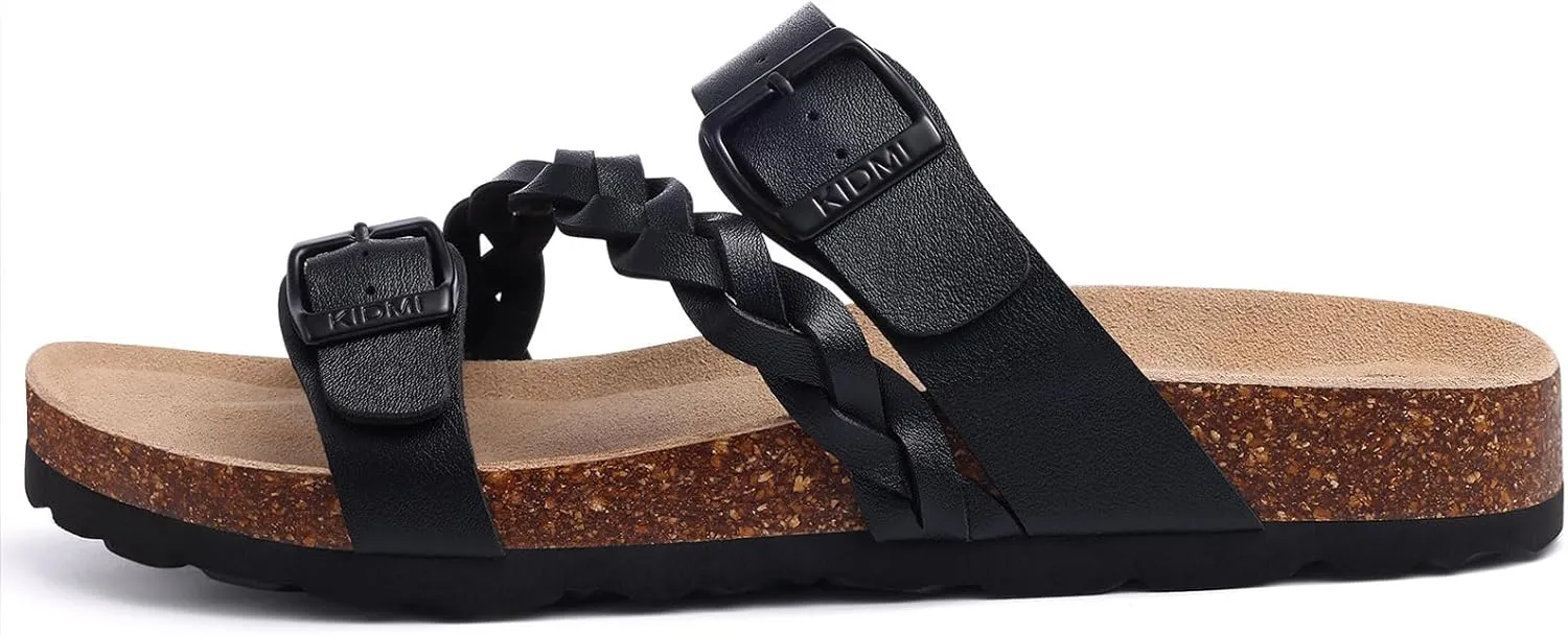 KIDMI Women's Cork Footbed Sandals with Arch Support Comfortable Slip-On Slide Sandals With Adjustable Buckle for Summer