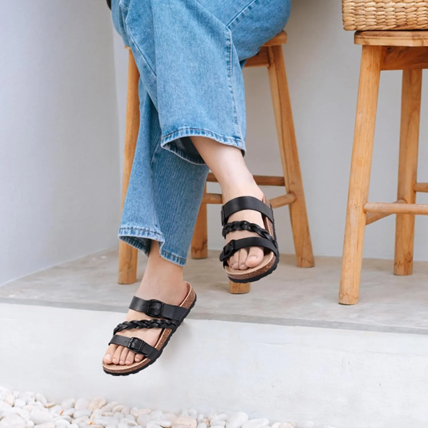 KIDMI Women's Cork Footbed Sandals with Arch Support Comfortable Slip-On Slide Sandals With Adjustable Buckle for Summer