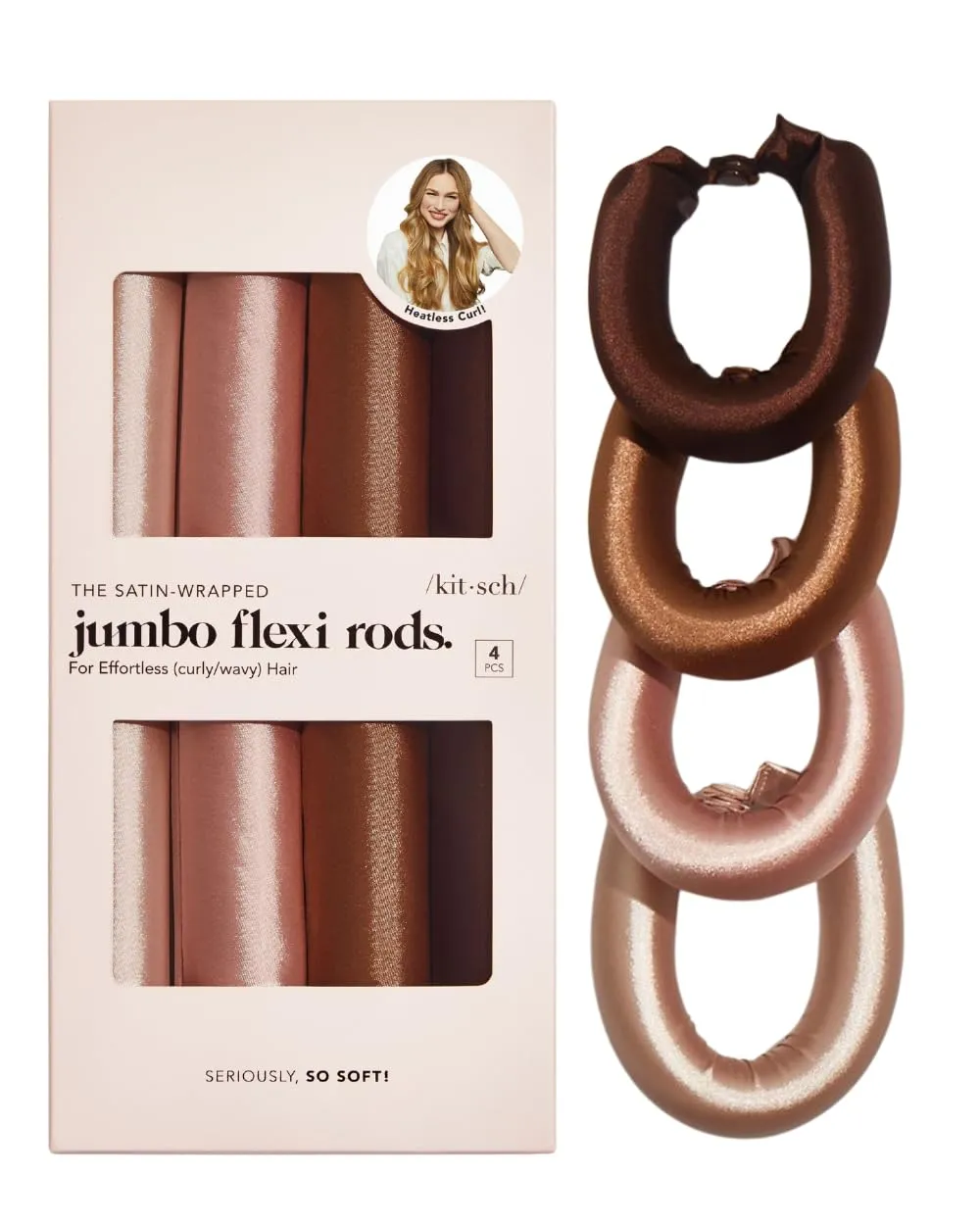 Kitsch Satin Hair Curlers, Heatless Curling Rod - Jumbo Flexi Rod, Heatless Hair Curler - Hair Curlers to Sleep In - No Heat Overnight Curls - For All Hair Types and Texture - 4pcs Rosewood