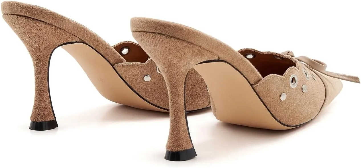 Kitten Heel Mules for Women Bow Tie Suede Stiletto Heels Mule Pointed Toe Studs Slide Heeled Sandal Pumps for Wedding Dress Party
