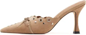 Kitten Heel Mules for Women Bow Tie Suede Stiletto Heels Mule Pointed Toe Studs Slide Heeled Sandal Pumps for Wedding Dress Party