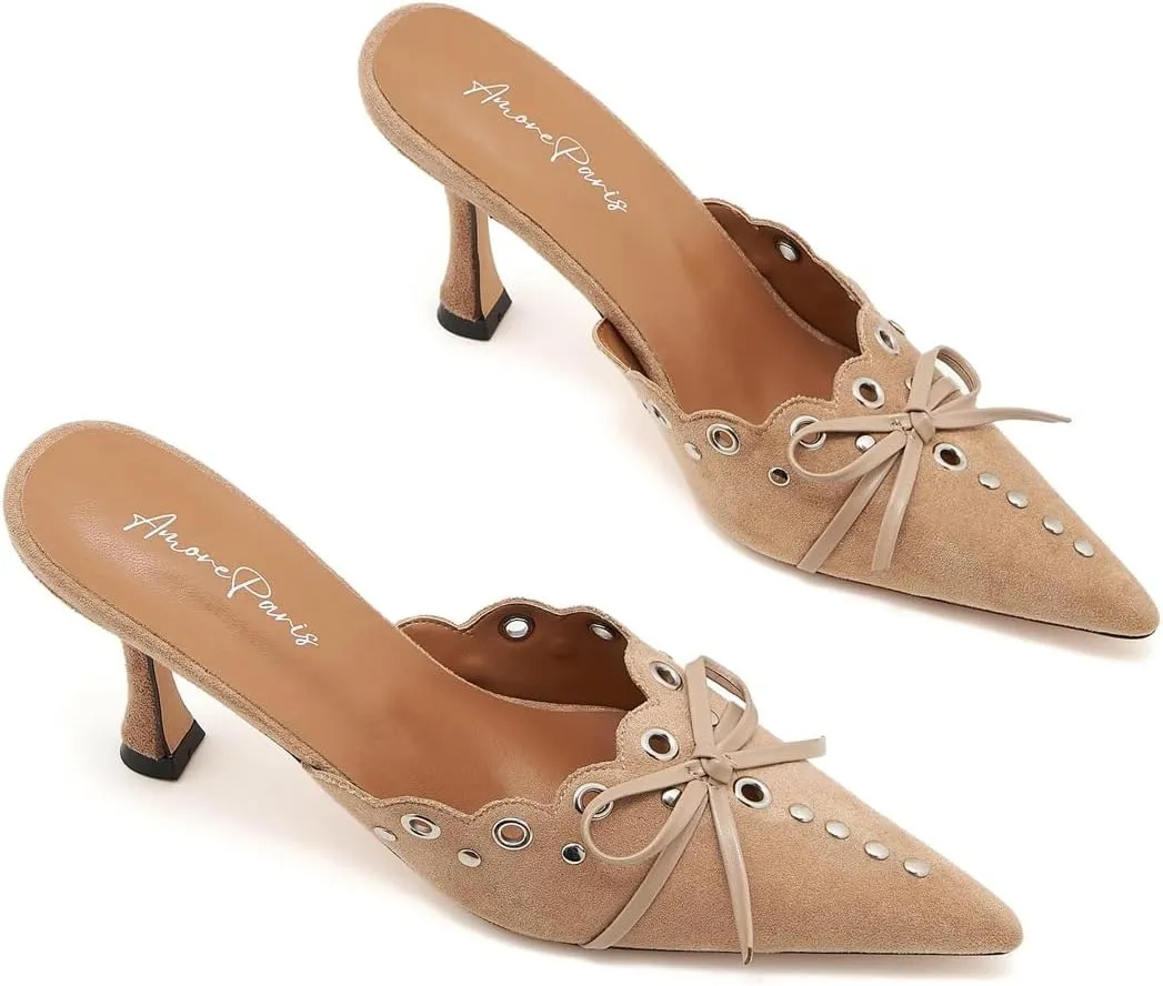 Kitten Heel Mules for Women Bow Tie Suede Stiletto Heels Mule Pointed Toe Studs Slide Heeled Sandal Pumps for Wedding Dress Party
