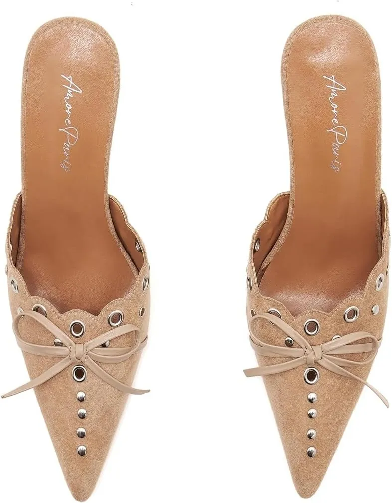 Kitten Heel Mules for Women Bow Tie Suede Stiletto Heels Mule Pointed Toe Studs Slide Heeled Sandal Pumps for Wedding Dress Party
