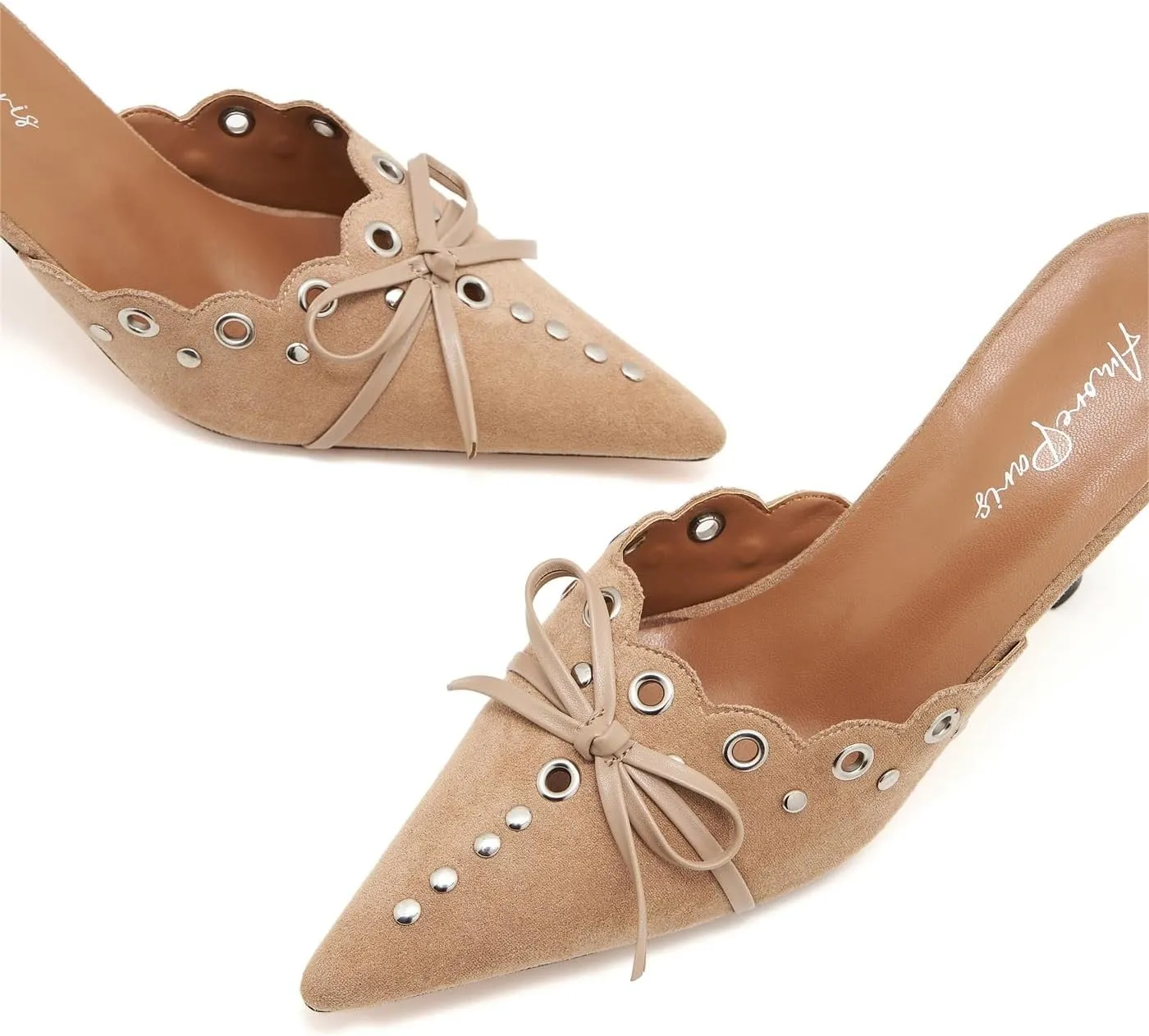Kitten Heel Mules for Women Bow Tie Suede Stiletto Heels Mule Pointed Toe Studs Slide Heeled Sandal Pumps for Wedding Dress Party