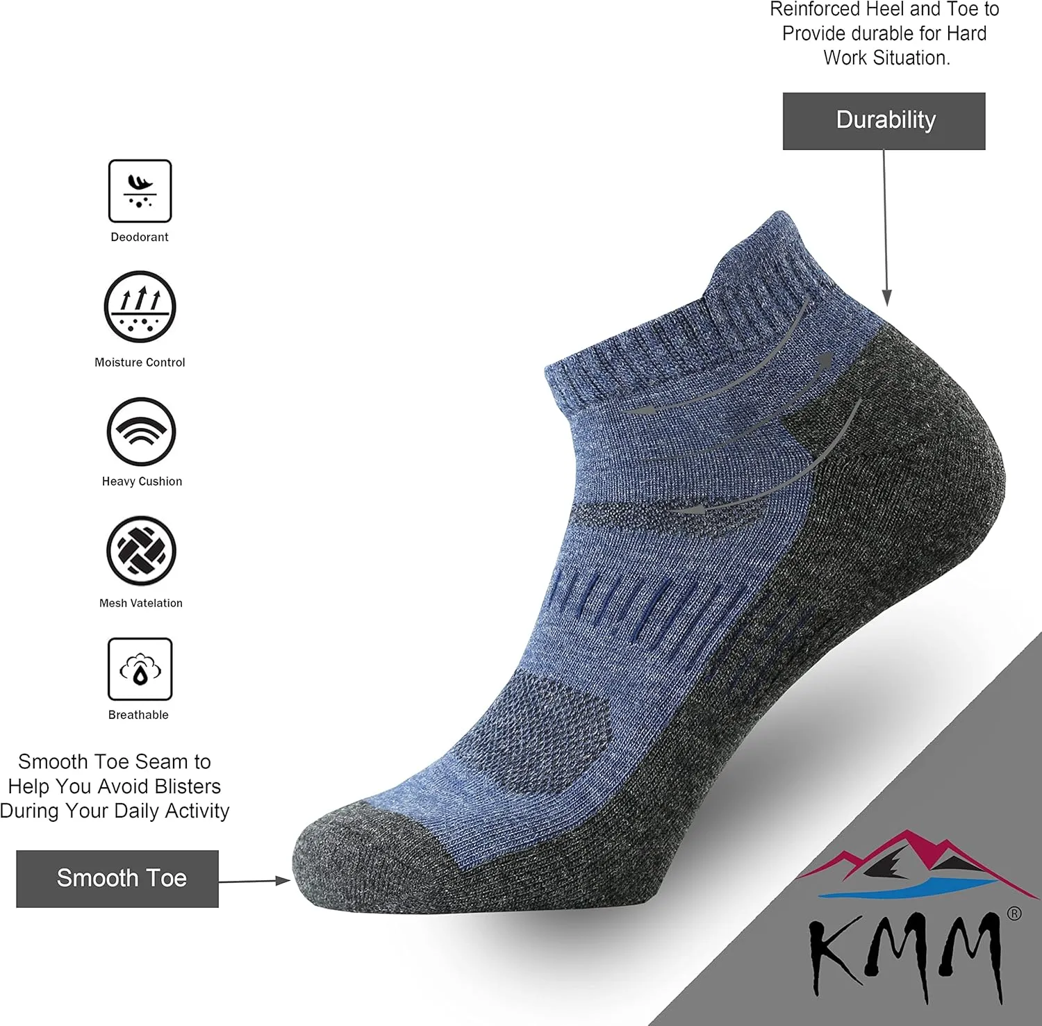 KMM Men's Merino Wool No Show Ankle Socks with Cushion Low Tab Summer for Outdoor Hiking Golf Loafer Sneaker Trail Running