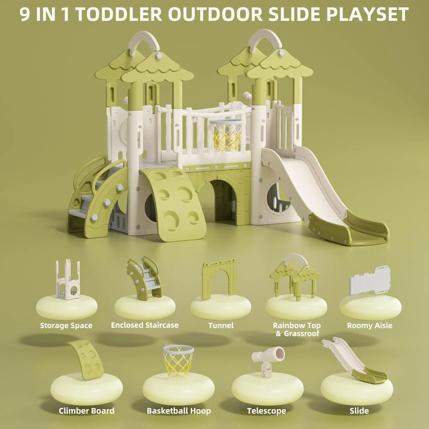KORIMEFA 9-in-1 Toddler Slide, Kid Slide for Toddlers Age 1-3, Basketball Hoop, and Telescope, Indoor Outdoor Slide Toddler Playset Toddler Playground, Forest Themed Green