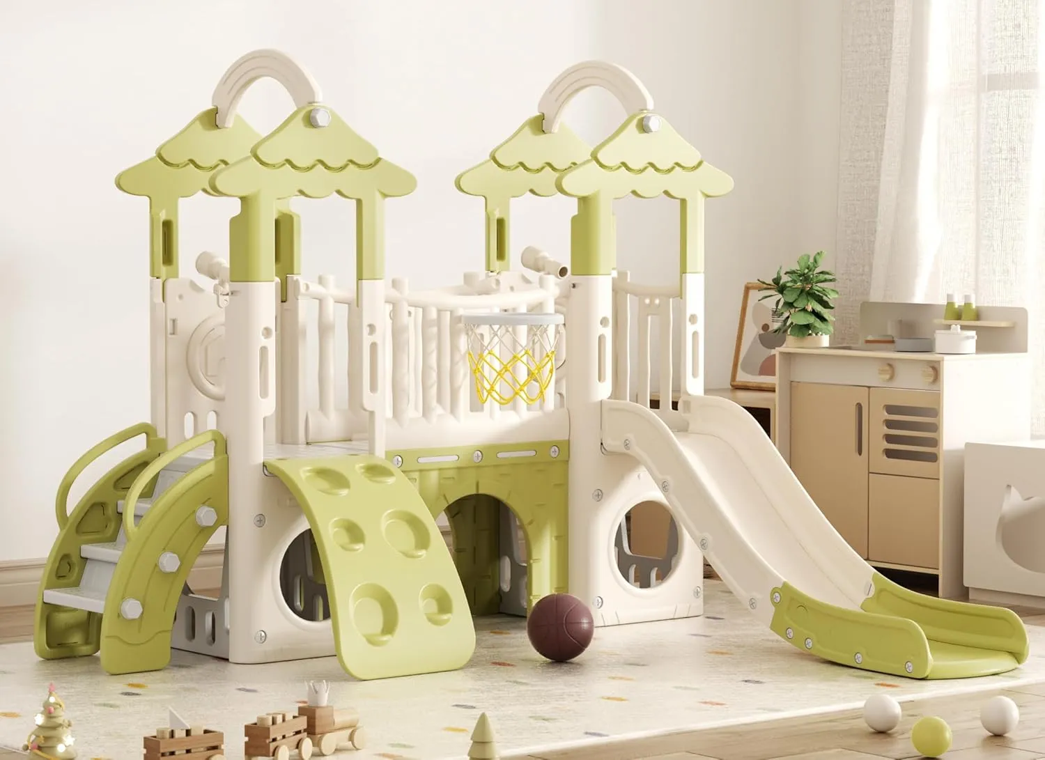 KORIMEFA 9-in-1 Toddler Slide, Kid Slide for Toddlers Age 1-3, Basketball Hoop, and Telescope, Indoor Outdoor Slide Toddler Playset Toddler Playground, Forest Themed Green