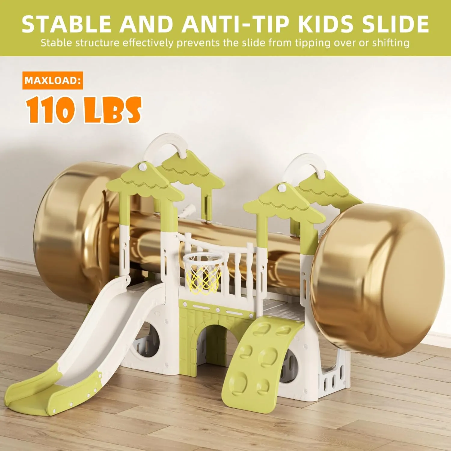 KORIMEFA 9-in-1 Toddler Slide, Kid Slide for Toddlers Age 1-3, Basketball Hoop, and Telescope, Indoor Outdoor Slide Toddler Playset Toddler Playground, Forest Themed Green