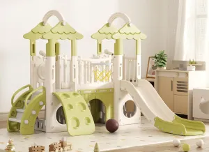 KORIMEFA 9-in-1 Toddler Slide, Kid Slide for Toddlers Age 1-3, Basketball Hoop, and Telescope, Indoor Outdoor Slide Toddler Playset Toddler Playground, Forest Themed Green
