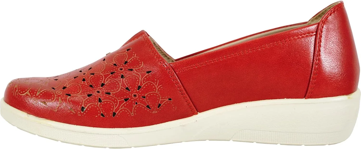 KOZI Women Comfort Casual Wedge Shoe Slip-On Loafer OY Collection Round Toe Gore Removable Insole Black Brown Red White