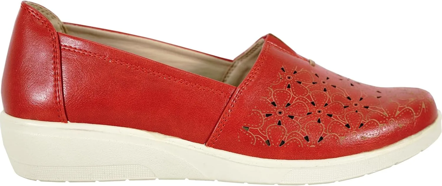 KOZI Women Comfort Casual Wedge Shoe Slip-On Loafer OY Collection Round Toe Gore Removable Insole Black Brown Red White