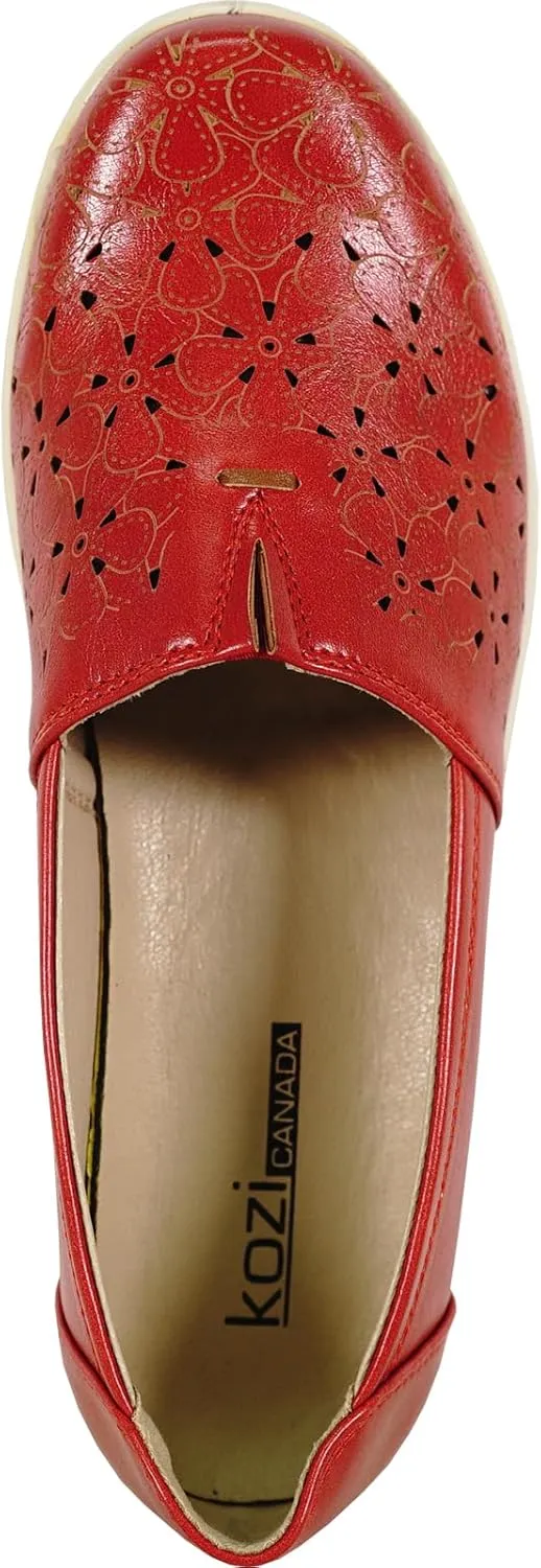 KOZI Women Comfort Casual Wedge Shoe Slip-On Loafer OY Collection Round Toe Gore Removable Insole Black Brown Red White