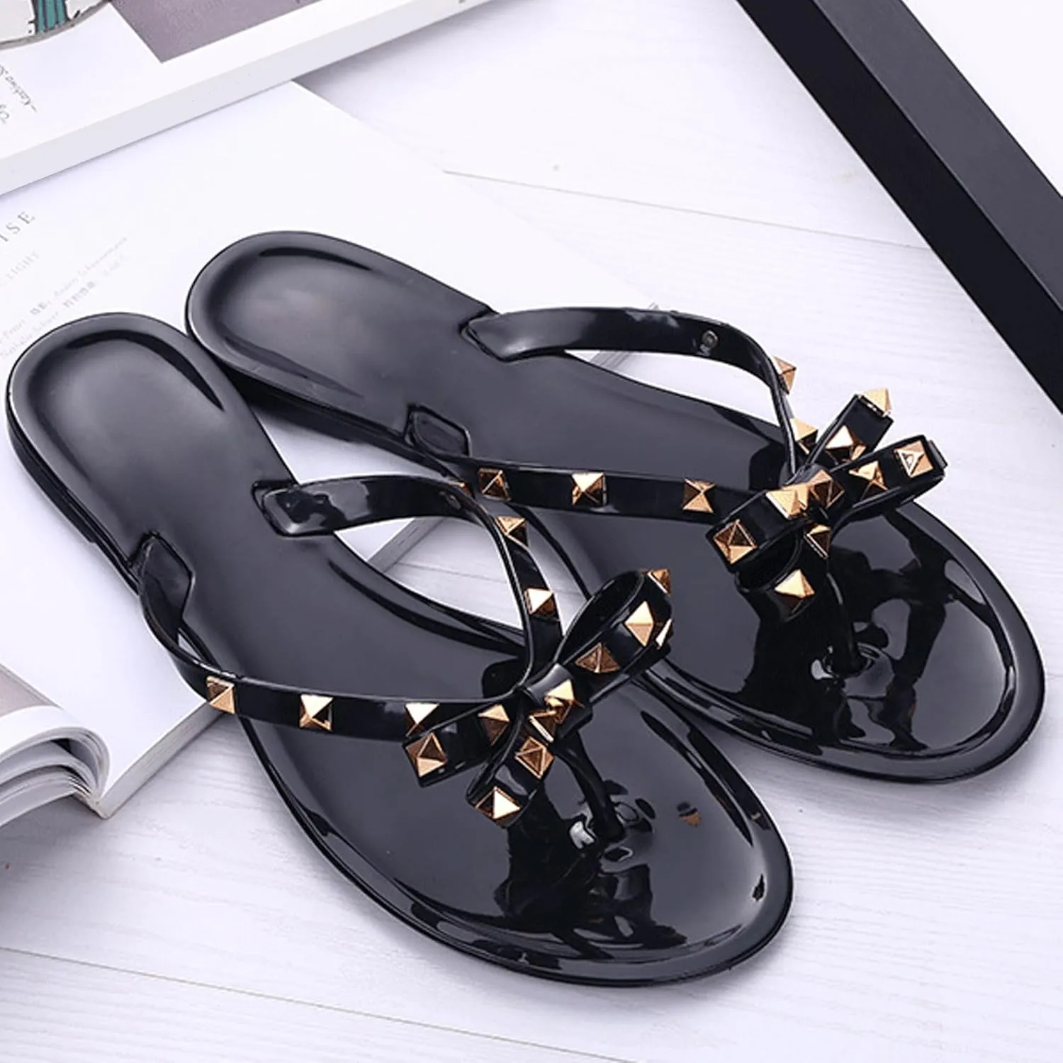 LAVRA Women’s Studded Sandals Bow T-Strap PVC Flip Flop Jelly Shoes