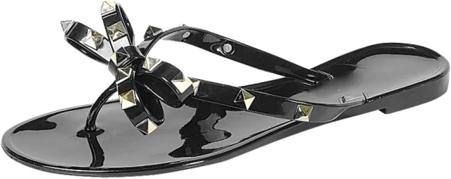 LAVRA Women’s Studded Sandals Bow T-Strap PVC Flip Flop Jelly Shoes