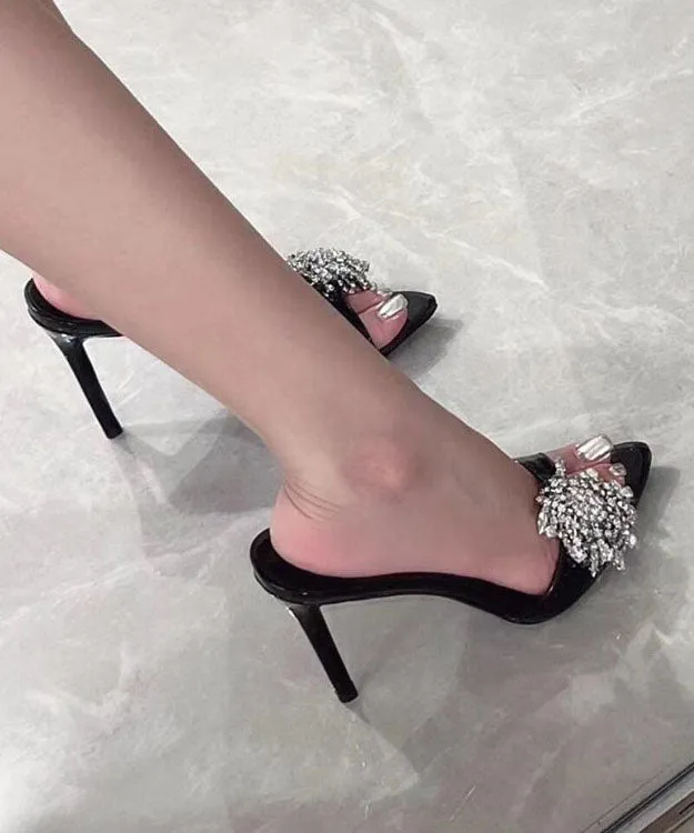 Leather Fashion Zircon Sandals Faux Black Stiletto Slide