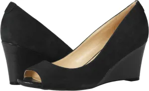 LEHOOR Women Slip On Peep Toe Wedge Pumps Suede 3 Inch Mid Wedge Heels Crocodile Pattern Comfortable Round Open Toe Wedges Sandals Patchwork Office Party Elegant Vintage Dress Shoes 5-11 M US